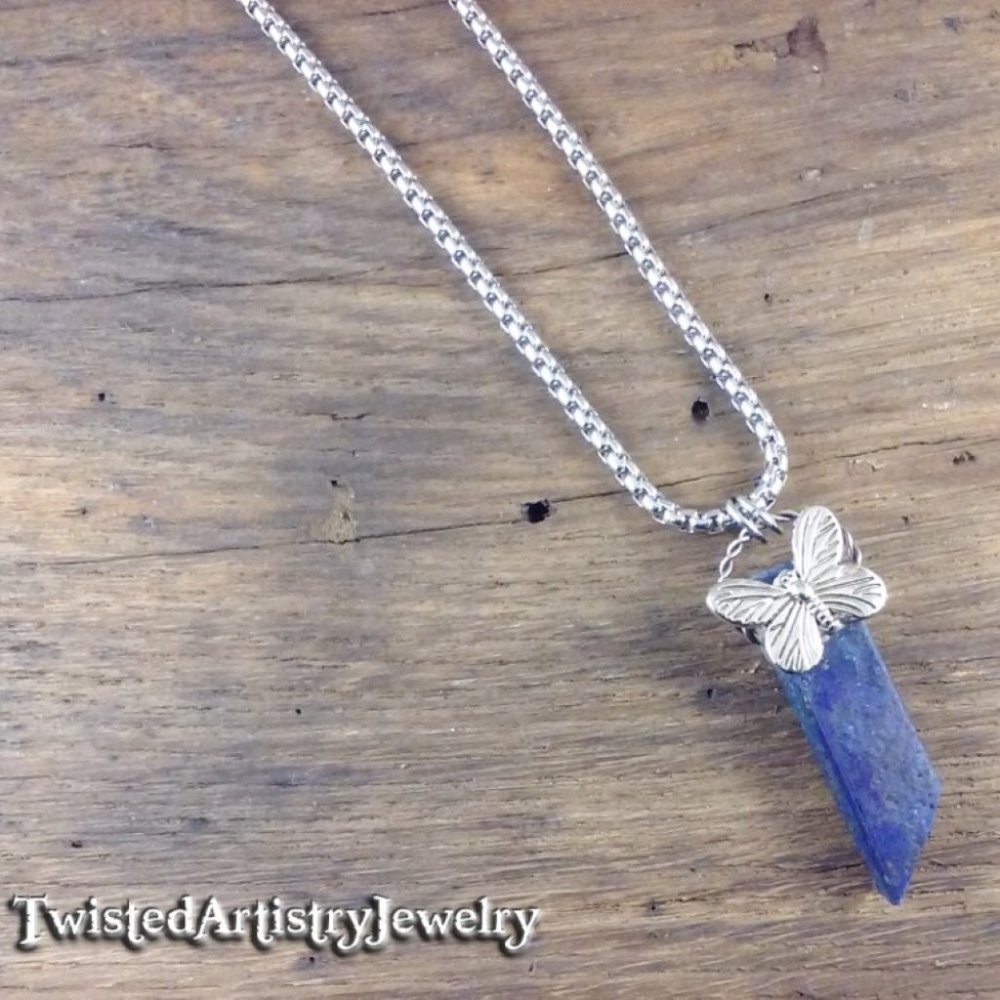 Butterfly and Lapis Lazuli Shard Pendant Necklace - Picture 4 of 7
